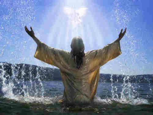 Jesus emerging from the stream Now lifts